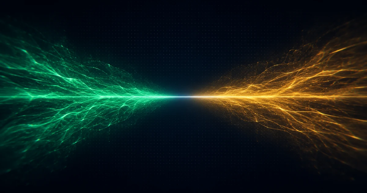 A green current and an amber current pressing into each other head on with a perfectly still bright seam where they meet