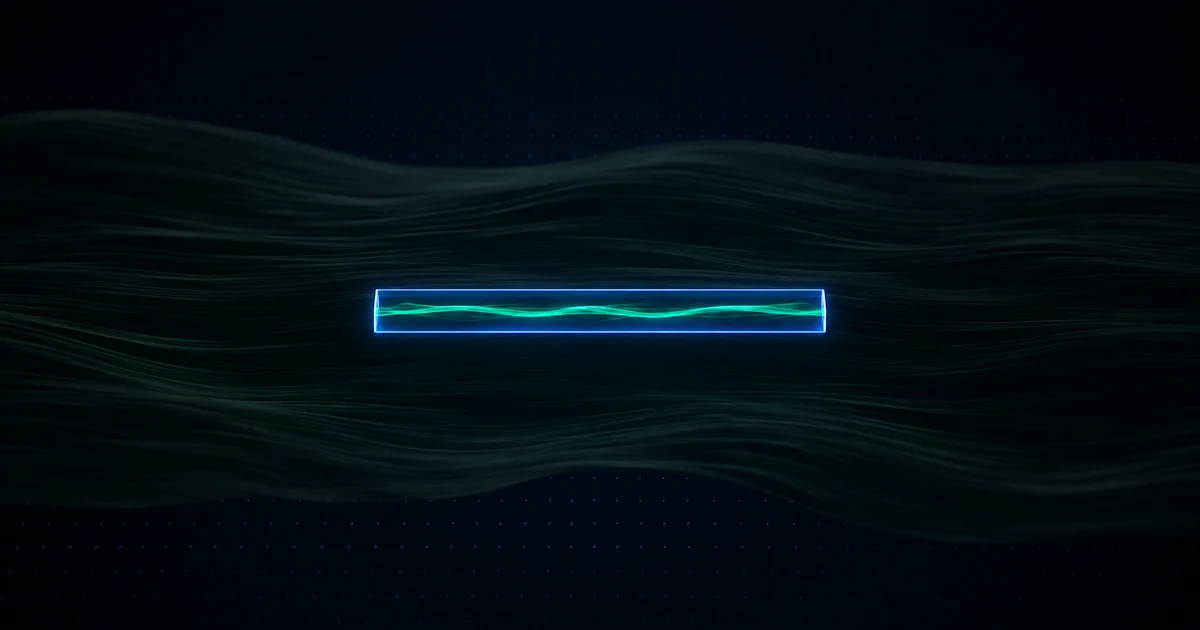 A narrow lit measuring channel carrying a thin green flow while a far larger current passes unlit outside its frame