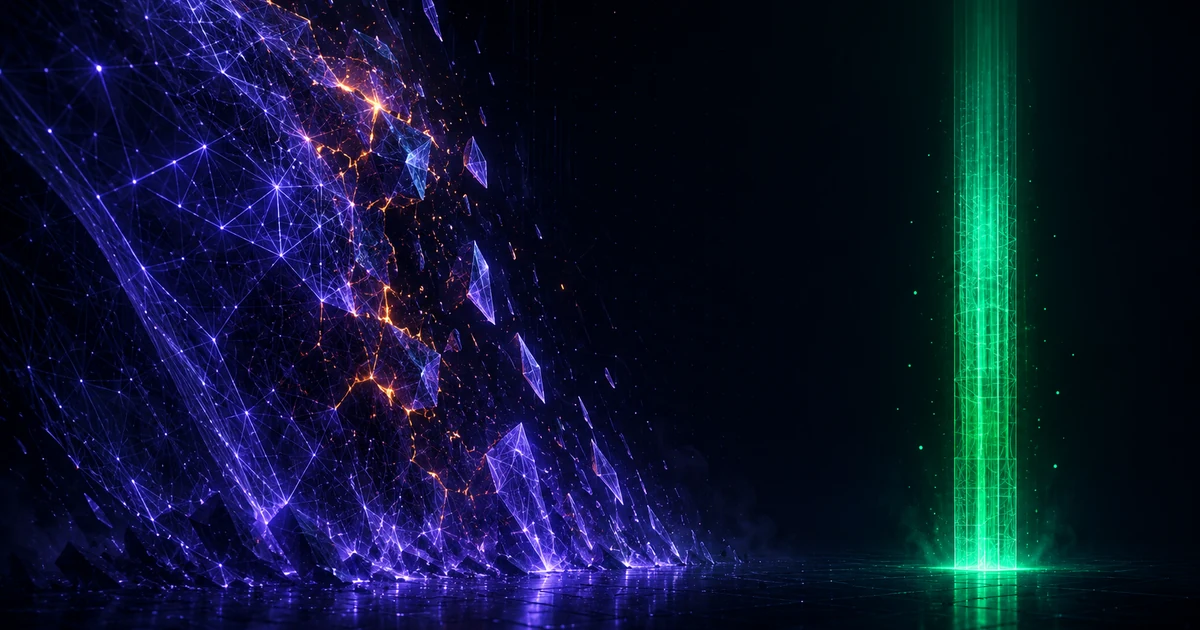 A fracturing violet structure sinking on one side while a steady green column stands apart