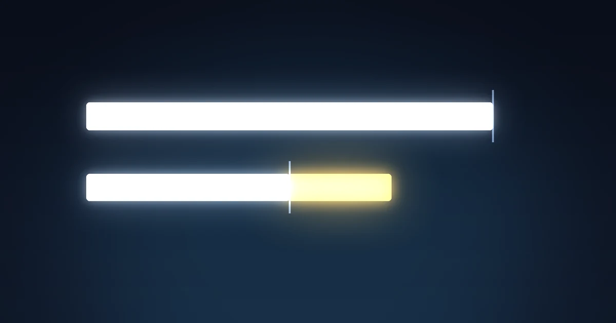 Two horizontal bars of almost identical length beside each other, one sitting exactly on a marker line and the other overshooting it by a sliver that glows