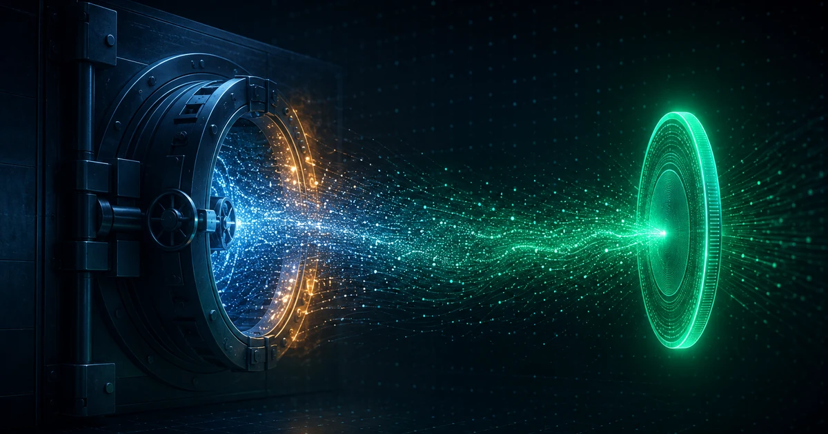 A large bank vault and a glowing green digital coin pulling a river of light between them