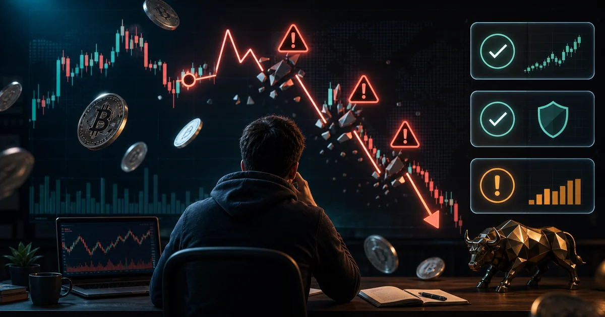 Falling price chart with X marks illustrating five fatal crypto beginner mistakes