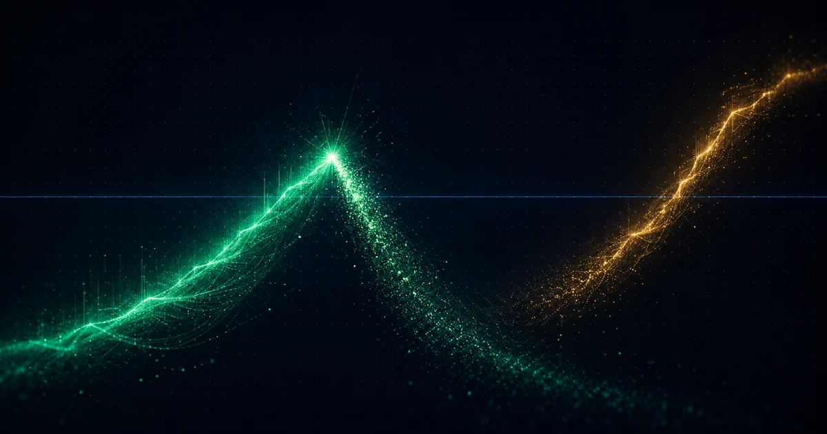 A green ascending current snapping at one point and spilling downward while a smaller gold current gathers and rises beside it