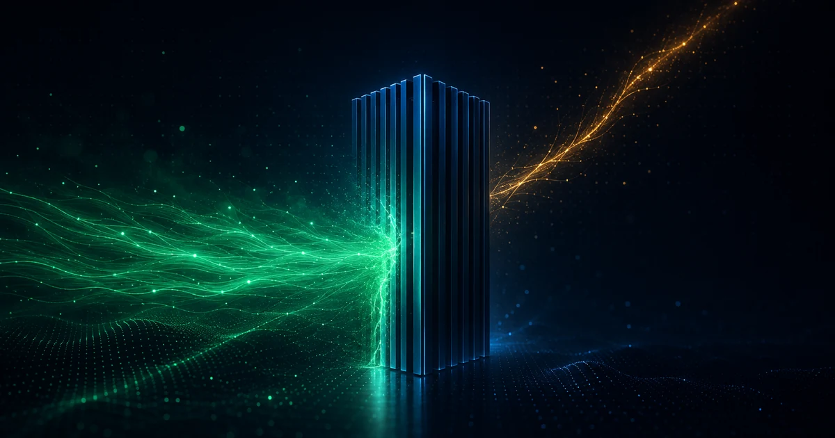 A river of green light paused at a tall closed gate with an amber fork branching to one side