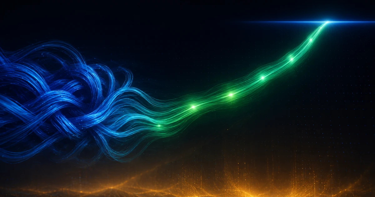 A blue knot of light coming untied as a green ribbon flows free past a thin shelf line, amber heat rising below