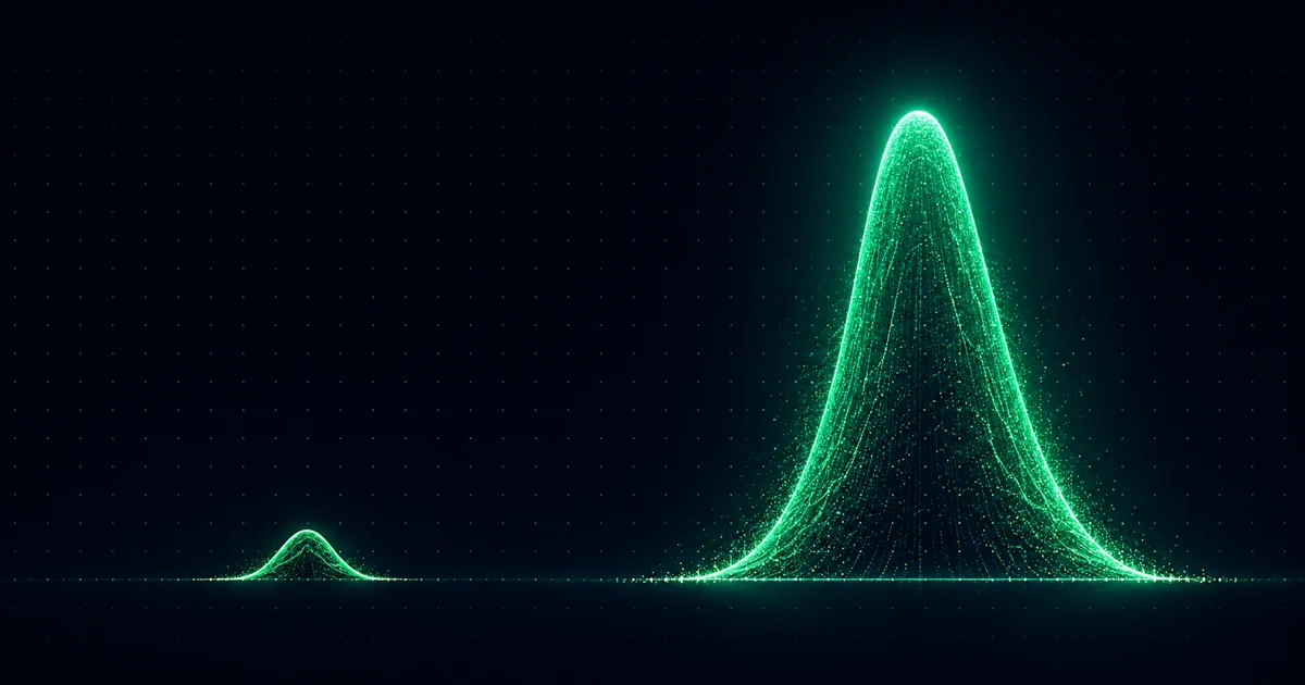 Two waves of the same shape rising from one line, a small green one beside a far taller green one
