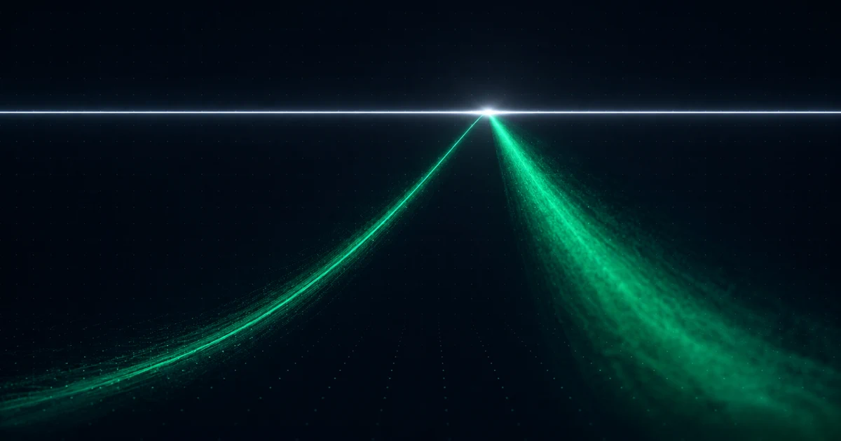 A rising stream of light meeting a single perfectly straight horizontal barrier at one bright point and falling away