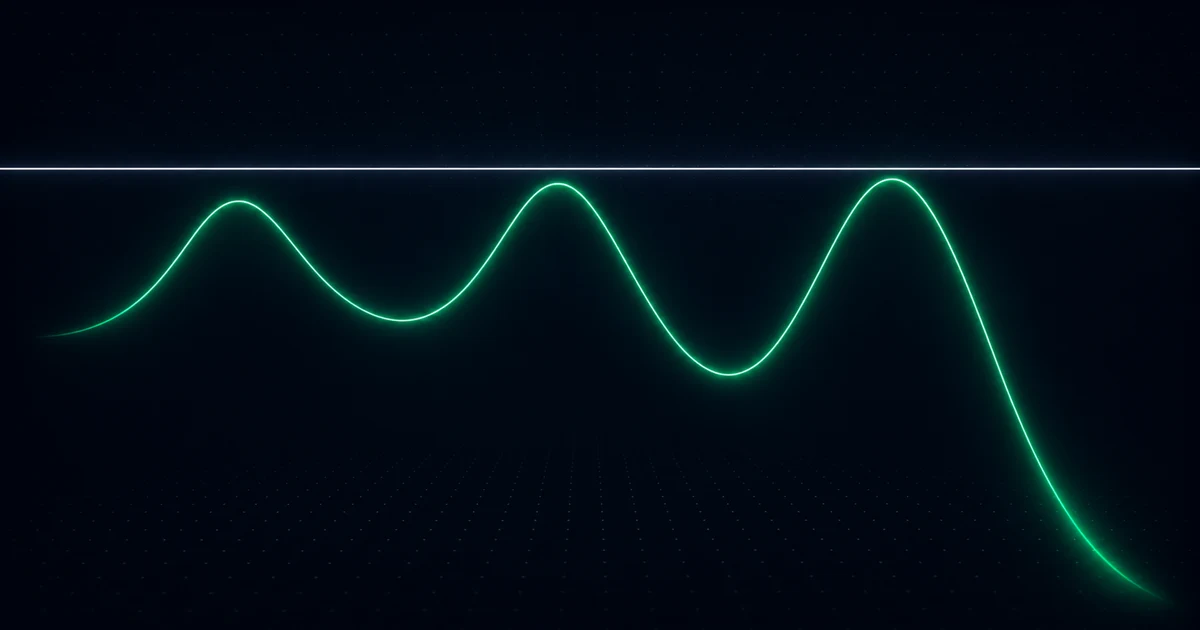 Three ascending peaks of light against a high barrier, each reaching further and each falling back further than the last