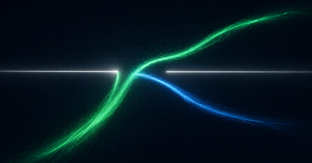 A stream of light breaking through a barrier that had stopped it, then splitting into two ribbons diverging in different directions