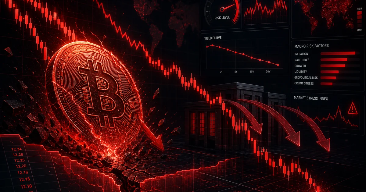 Red falling candlestick chart with Bitcoin symbol illustrating the June 2026 selloff