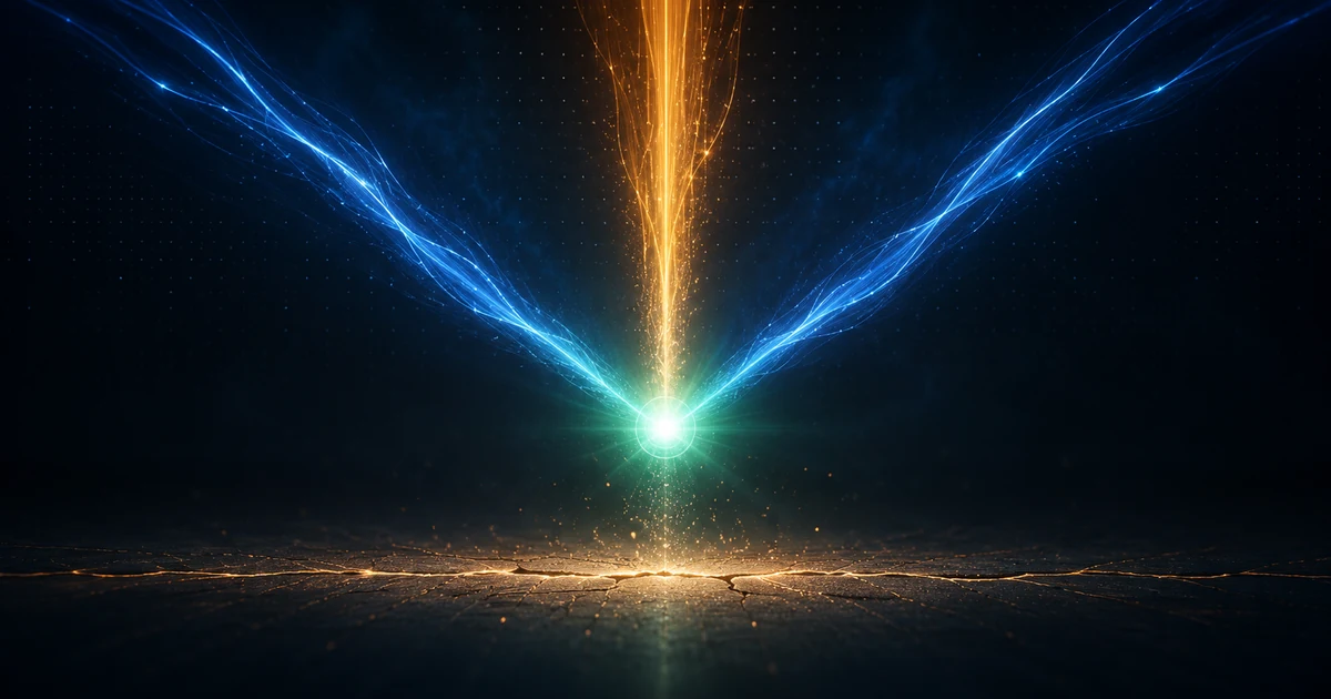 Three streams of light converging on a single point above a thin fault line