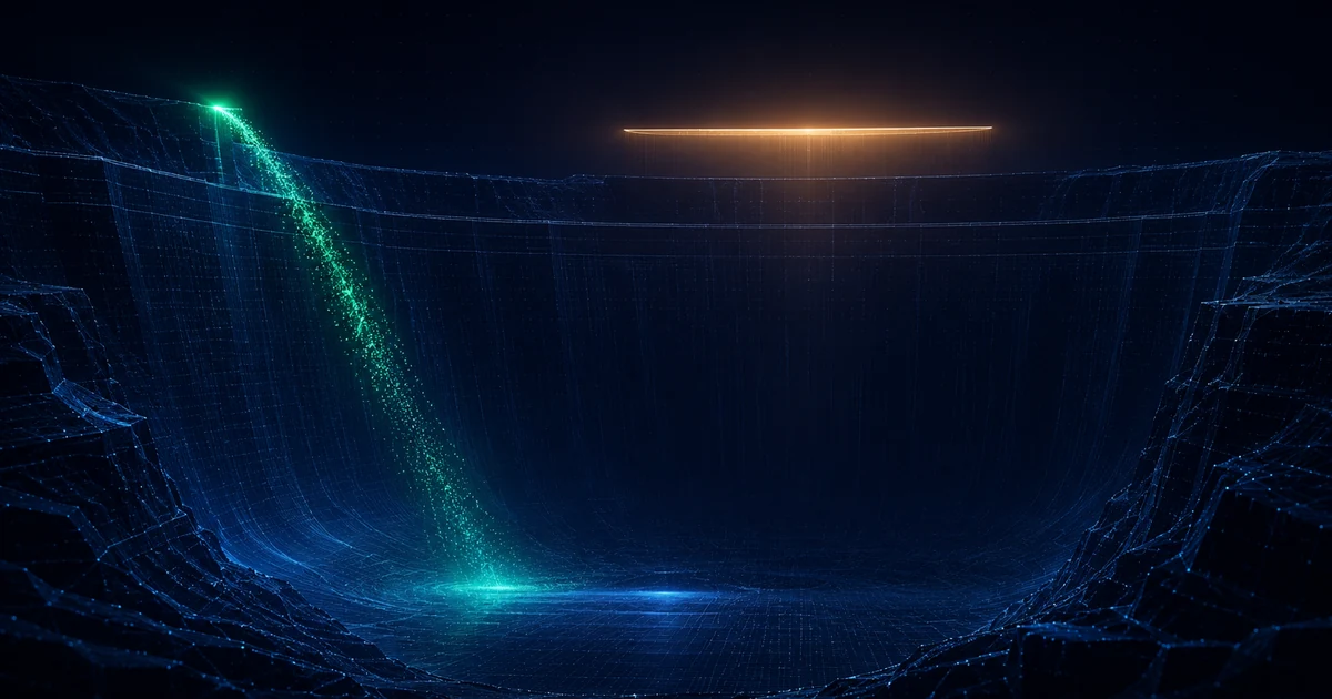 A vast drained basin beside a thin bright stream refilling it, with a platform floating high above