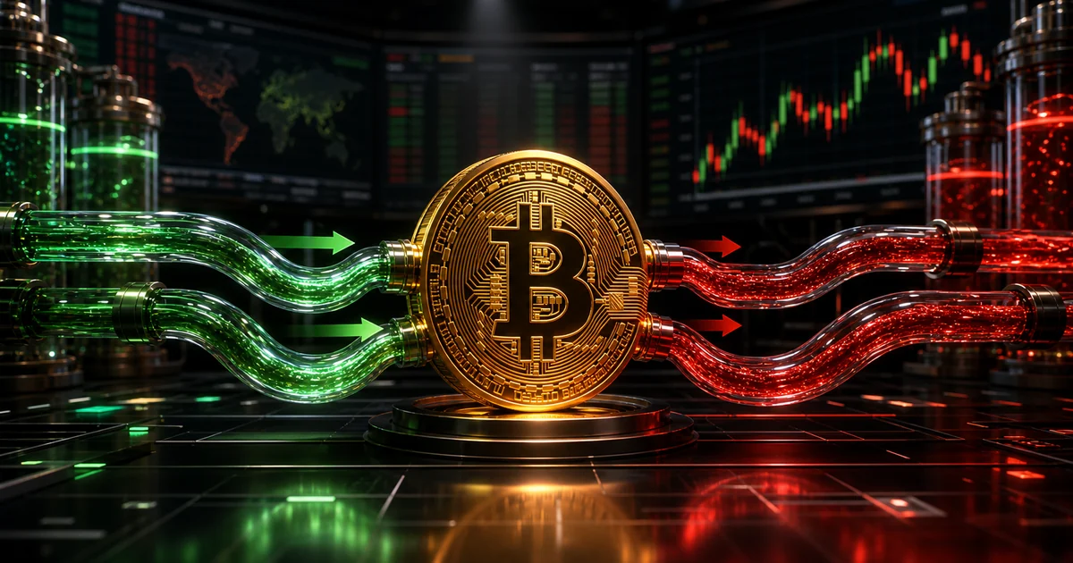 Bitcoin ETF flow chart showing green inflow bars, red outflow bars, and a BTC price line reacting to institutional flows