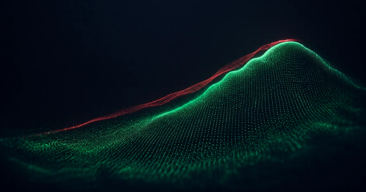 A rising green terrain built up from beneath by countless small still points while a red current runs downhill across its surface
