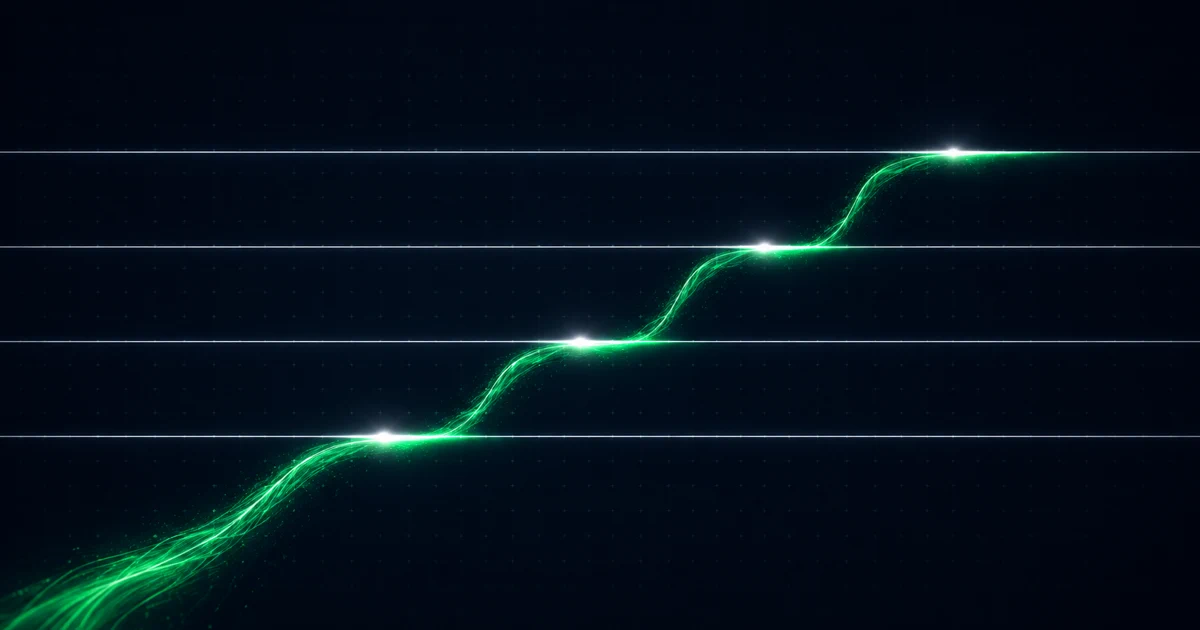 A rising stream of light stopping dead against evenly spaced horizontal ruled lines with bright contact points exactly on them
