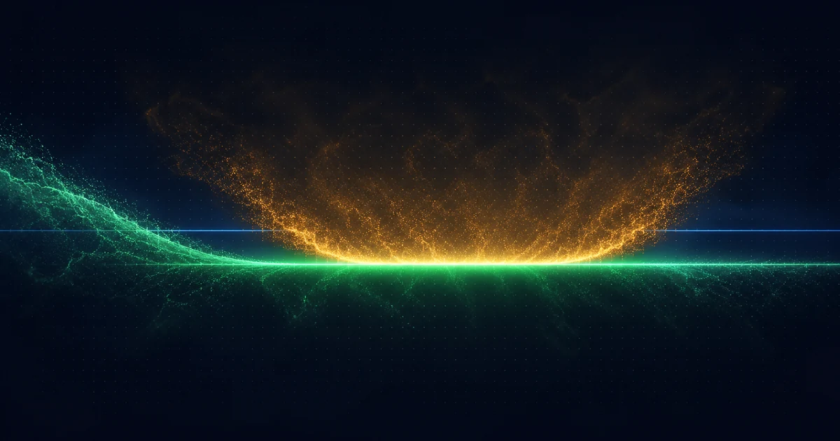 A falling green current flattening into a level base as a heavier weight presses down on it from above