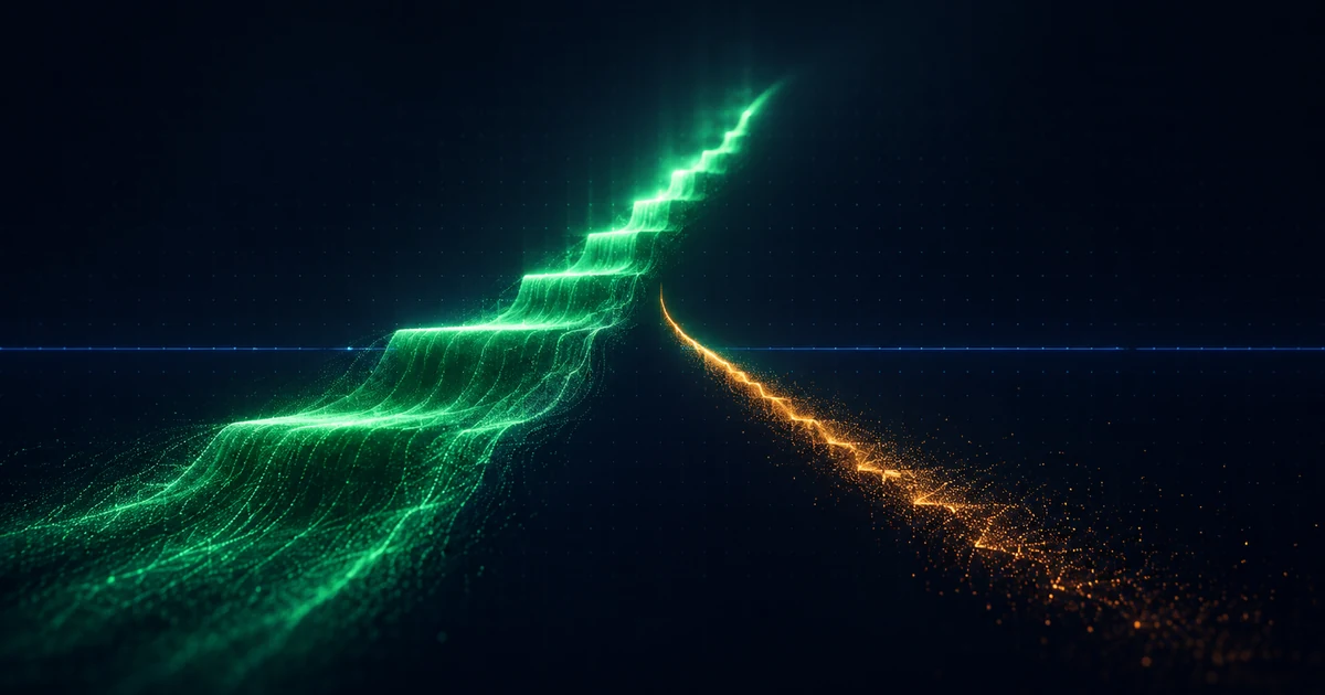 Two opposing currents of light meeting at a rising step, one green climbing and one amber draining away