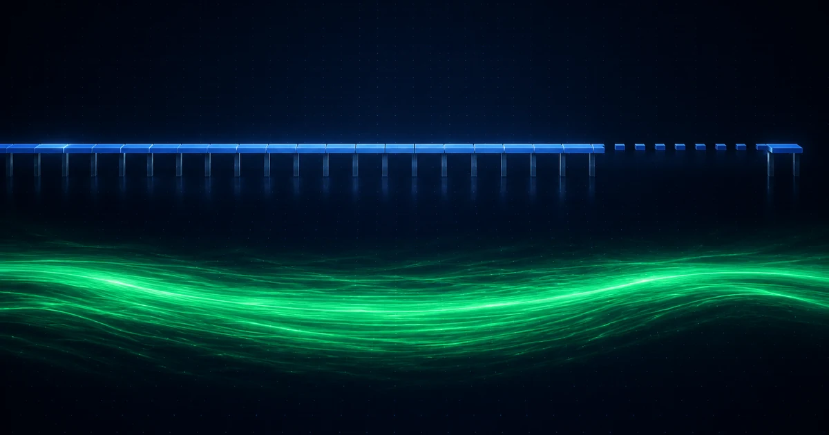 A bridge of light missing seven segments near its far end while a separate green current flows past underneath it