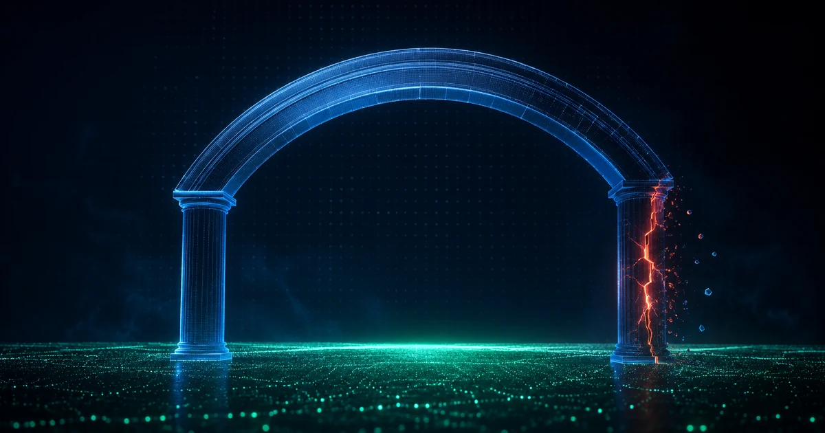 A blue archway held up by two thin pillars, one pillar cracked with a red fault, the whole structure tilting