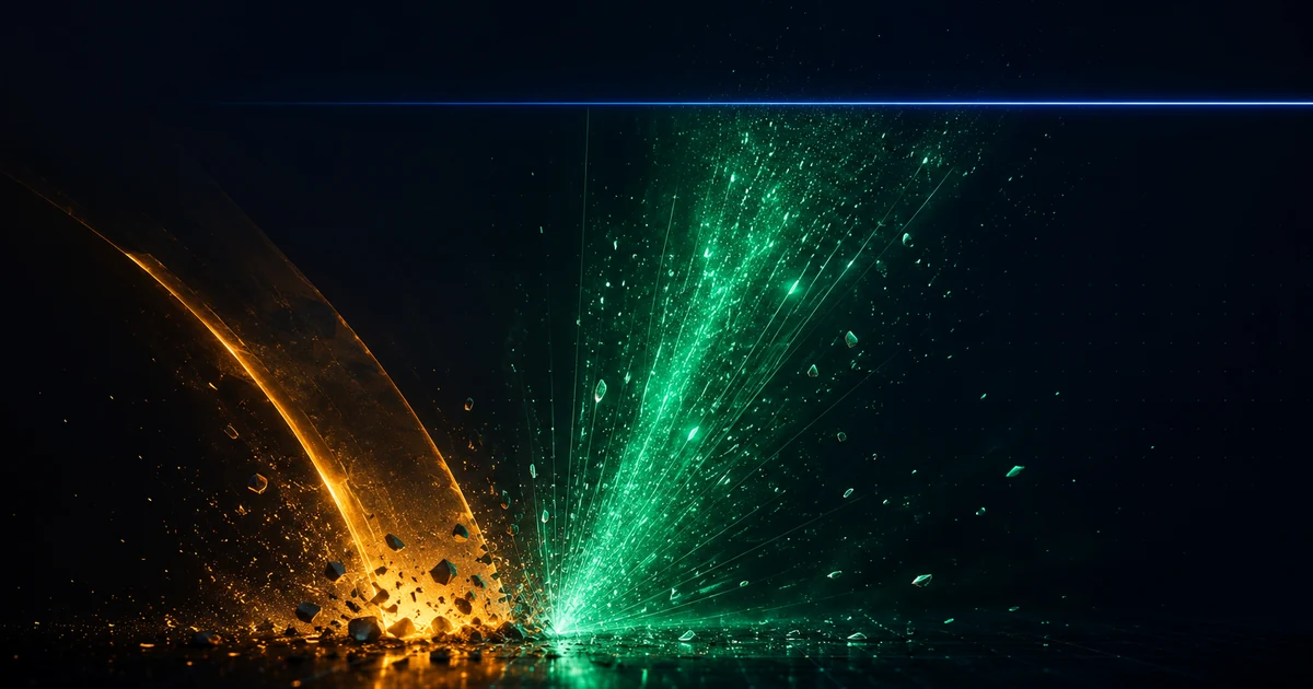 A heavy falling gauge releasing a burst of green light upward through scattered embers