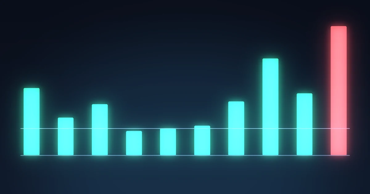 A row of small evenly sized blocks with one far larger block at the right end, all resting on a common line