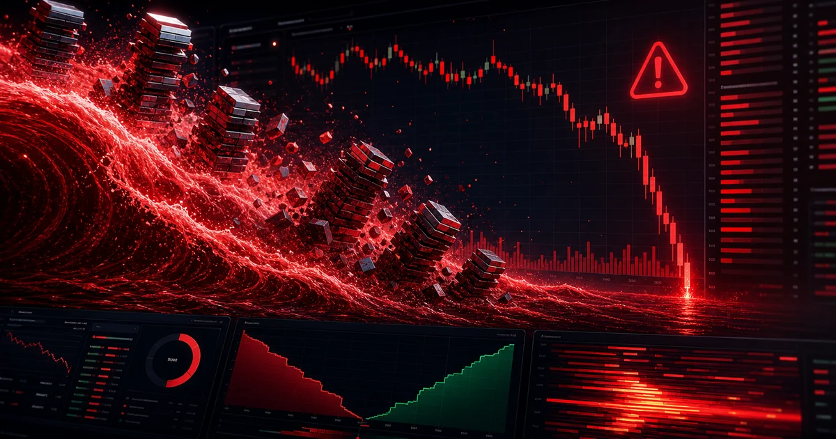 A price line dropping in steps through stacked horizontal liquidation cluster levels, each level triggering the next leg down, illustrating a liquidation cascade or leverage flush