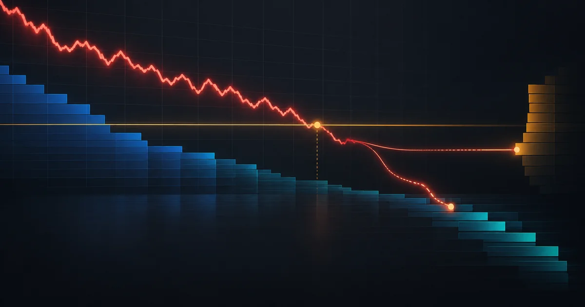 A falling price path crosses a trigger line beside order-book depth bars