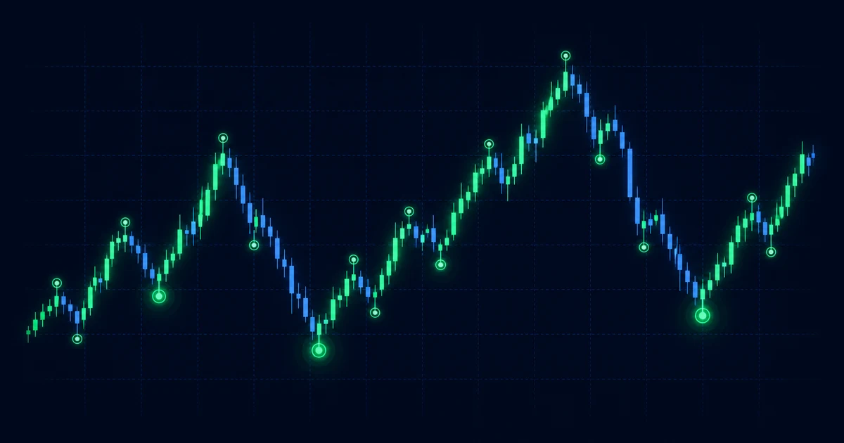 Fixed periodic buy markers landing on both dips and peaks of a volatile crypto price chart