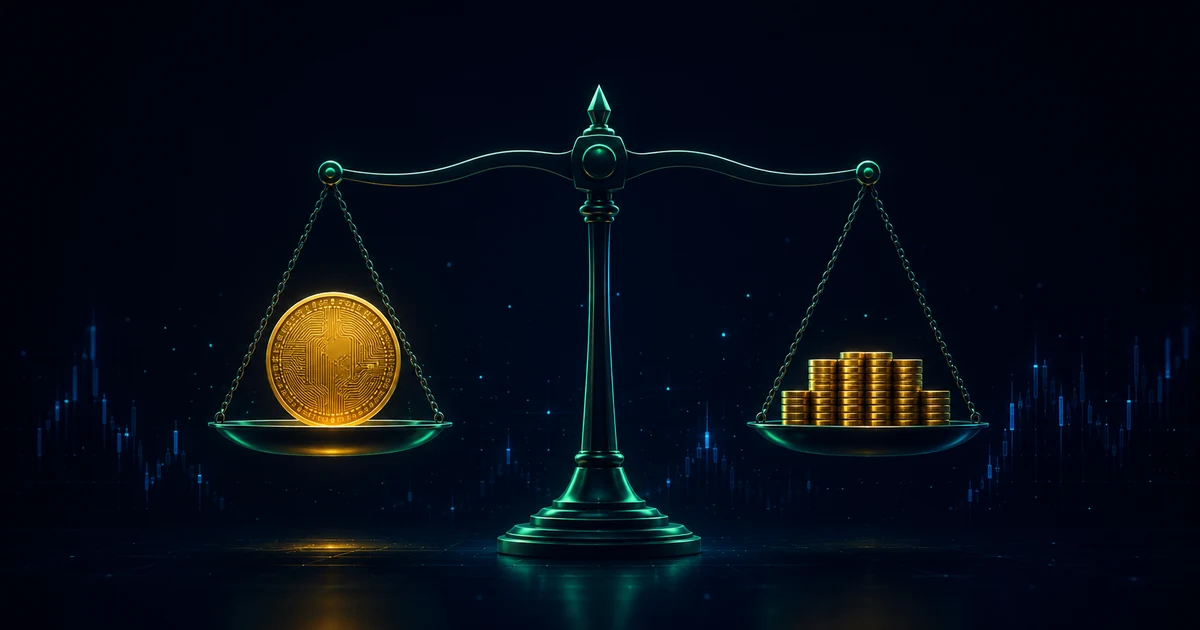 A balance scale comparing one large coin against a row of small equal coins on a dark financial background