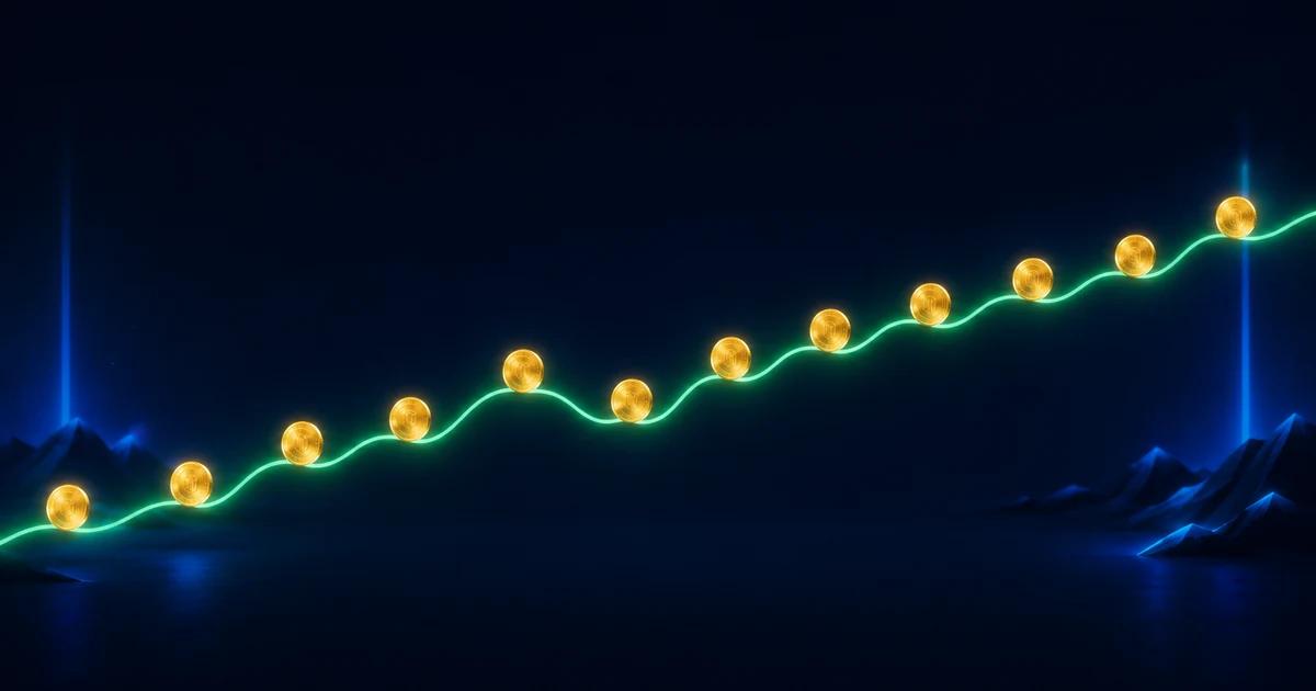 Coins stacking at regular intervals along a volatile price line, illustrating dollar-cost averaging