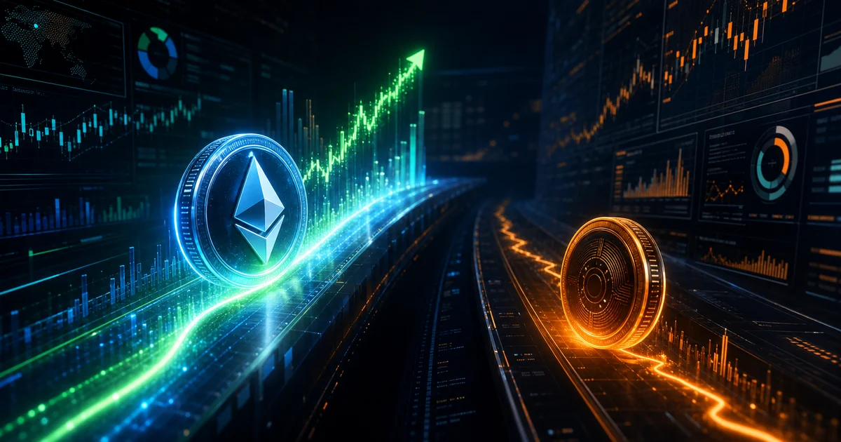 A chart comparing Ethereum and Bitcoin year-to-date performance in 2026, with the ETH/BTC ratio line below