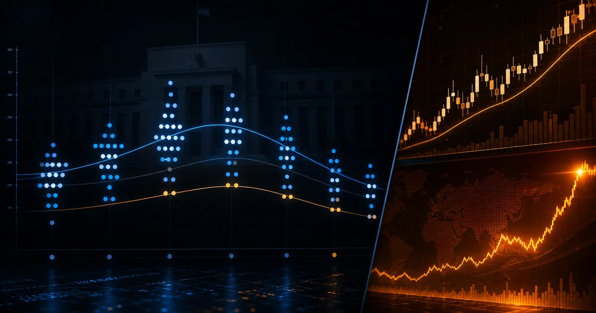 A dot plot grid showing Federal Reserve officials' interest rate projections, with the median dot highlighted as the number markets watch