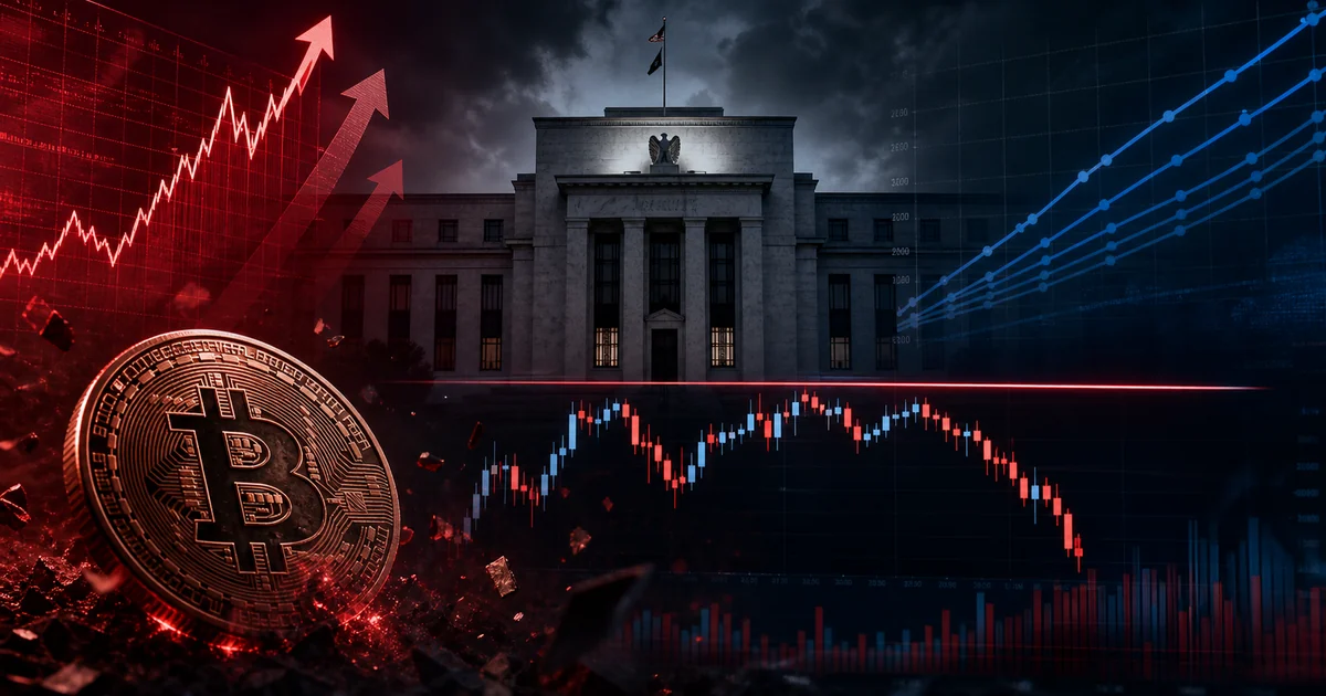 A dot plot shifting upward toward rate hikes while a Bitcoin price line drops below 64,000 dollars