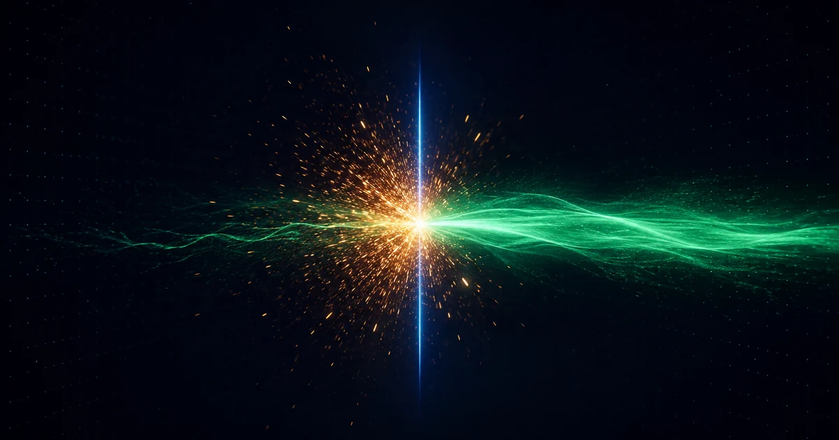 A green current that has already passed a vertical threshold line while a violent amber burst erupts at the line behind it