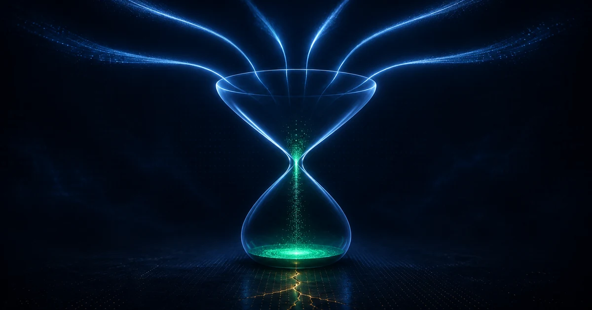 Six converging streams of light meeting at an hourglass-like narrow point above a dark plane