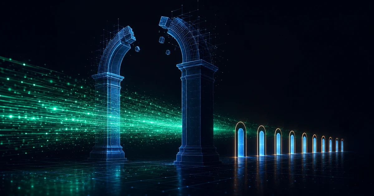 An unfinished blue archway with light flowing through it anyway, ten small lit doorways beside it