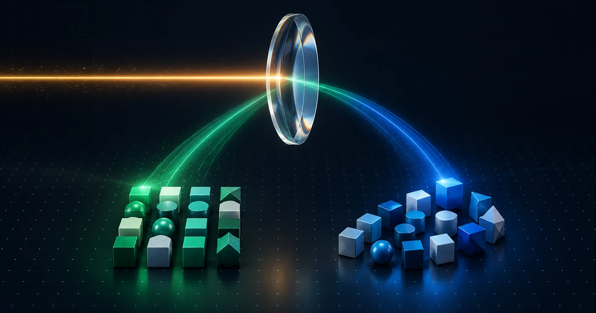 An optical lens splits light toward two differently weighted arrangements of geometric blocks
