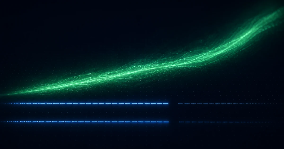Two parallel dark tracks both interrupted by identical gaps while a green current rises freely above and past them