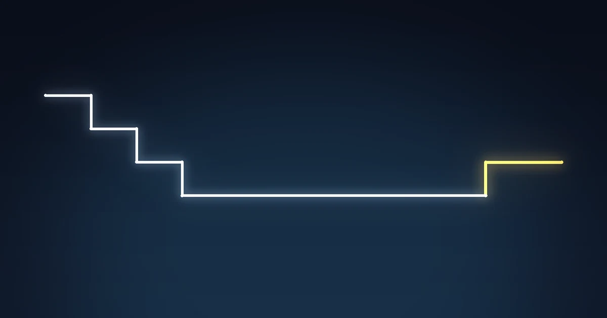 A path of light stepping down three times, pausing on a long flat ledge, then turning to rise one step, with the turn glowing brightest
