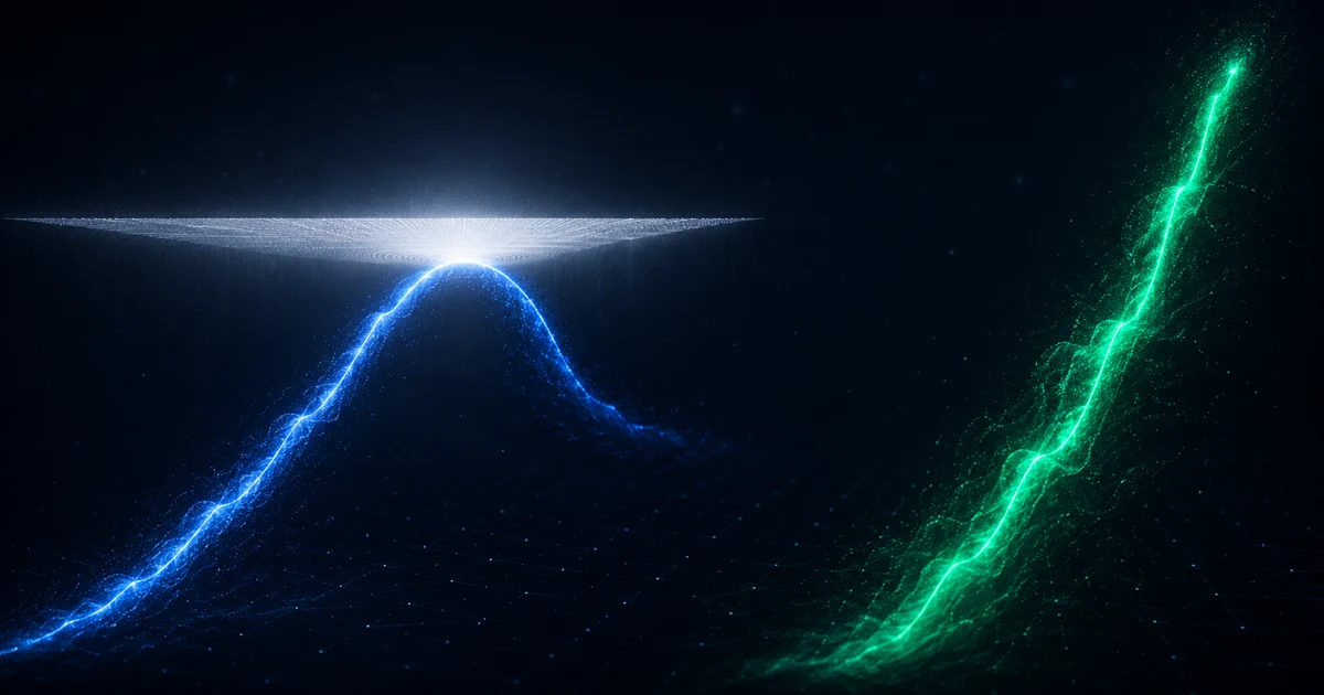 A long rising blue line pressed back down by a broad hand of light from above while a green current surges upward beside it