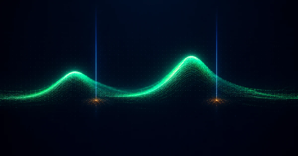 Two green pulses of light each cresting just ahead of a vertical marker line, the second echoing the first