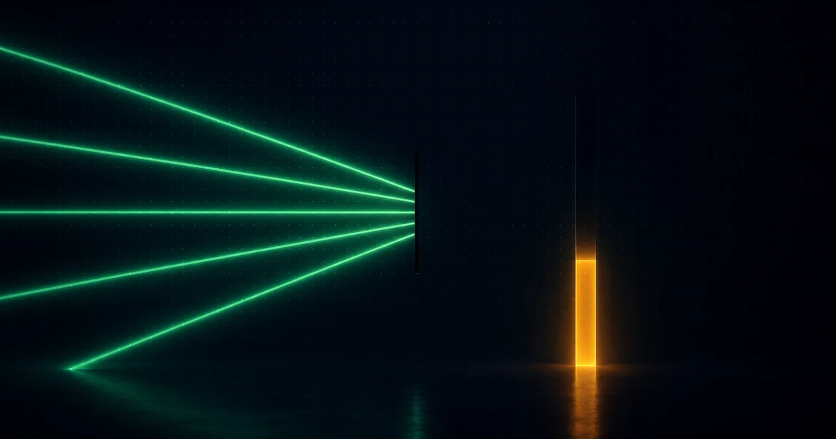 Five bright beams converging on a narrow closed doorway while a small dim counter beside it drains lower