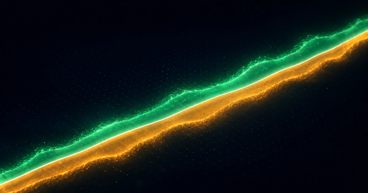 A steeply rising broad ramp of light divided along its whole length into exactly equal green and amber halves
