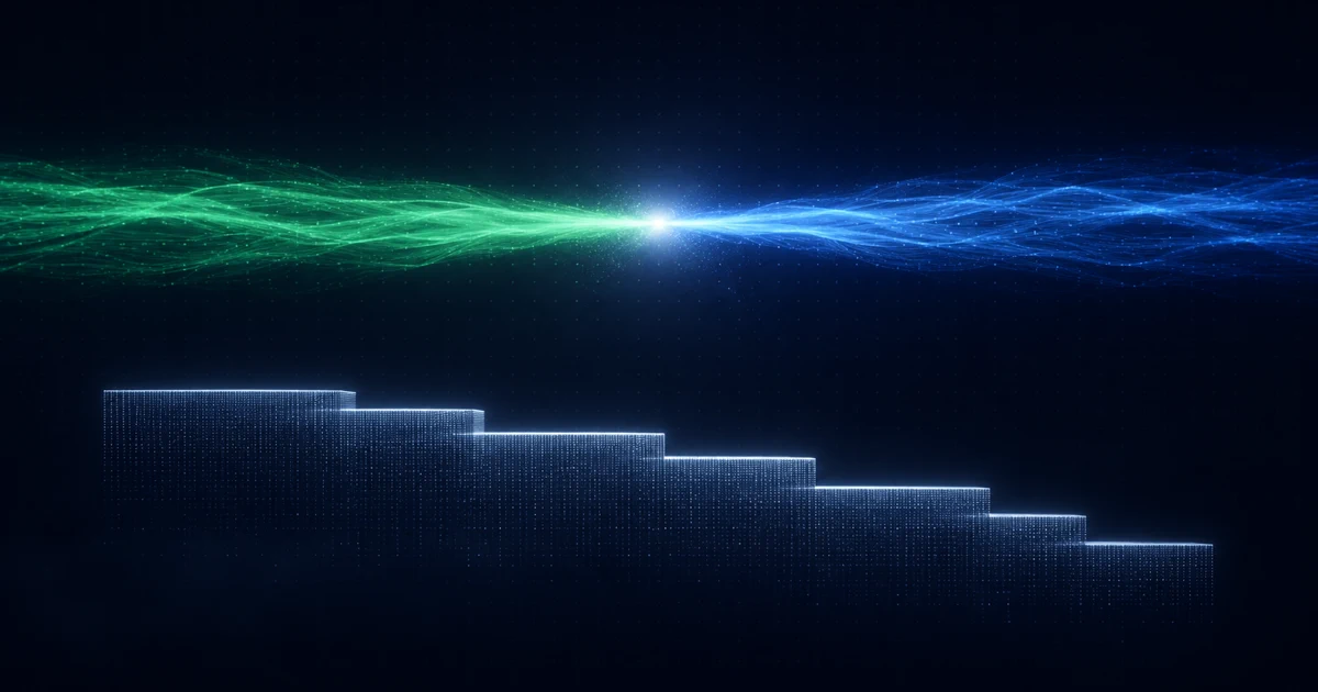 Two evenly matched opposing streams of light meeting head on while the platform beneath them falls away