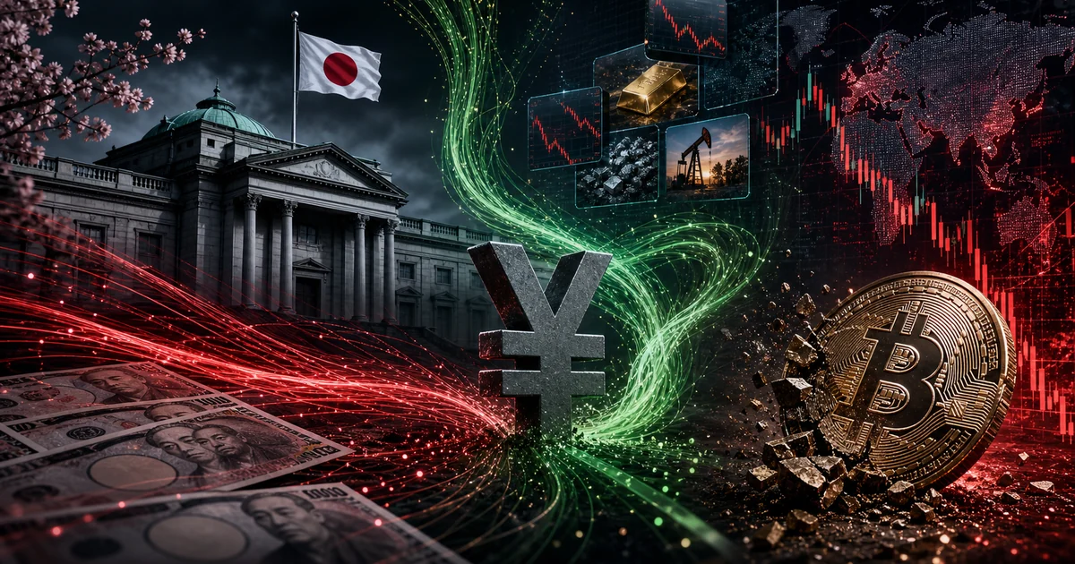 Diagram of the yen carry trade showing borrowed yen flowing into risk assets and reversing when Japan raises rates